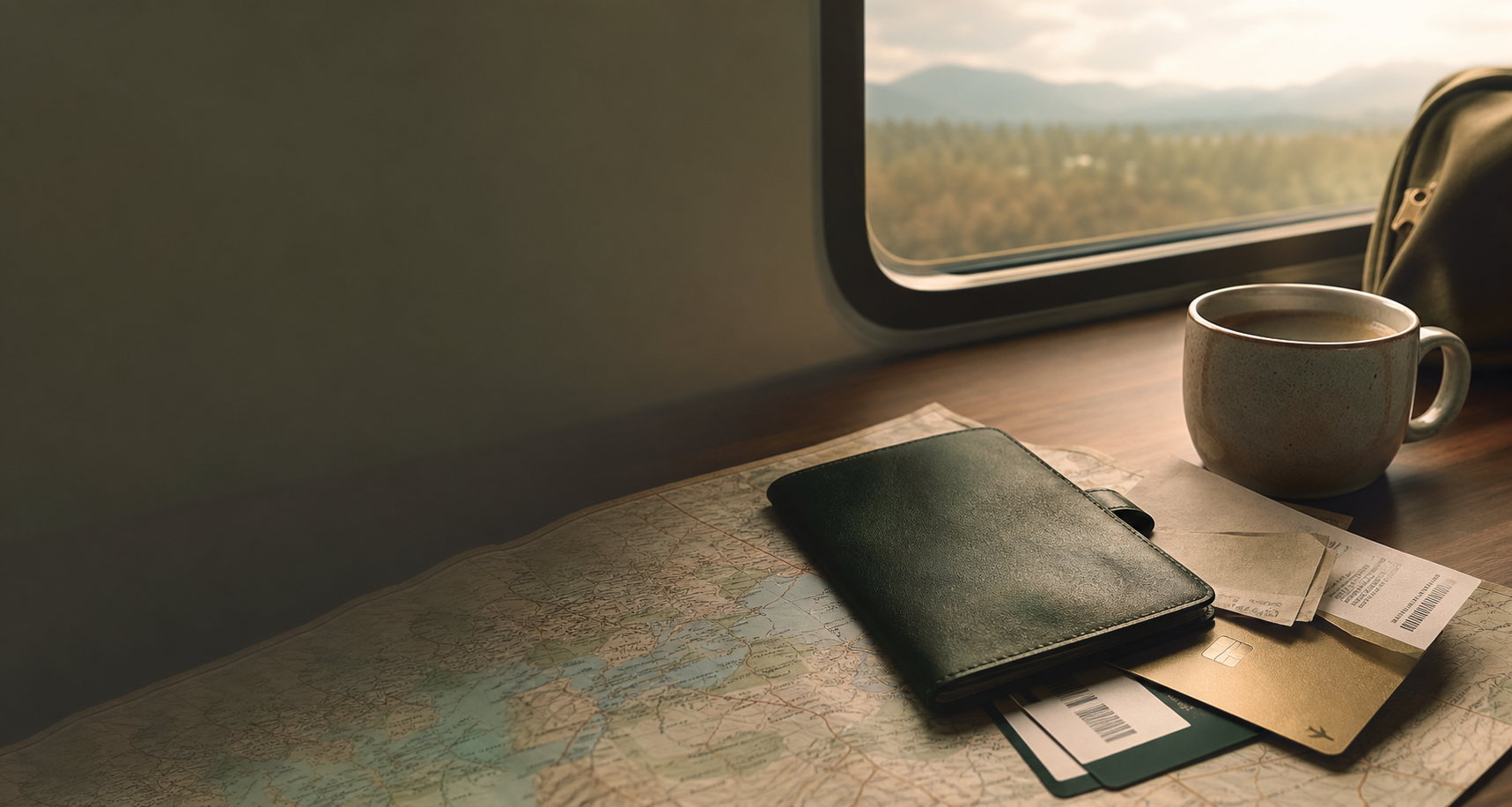 Travel planning desk with a map, coffee, notebook, and card silhouette